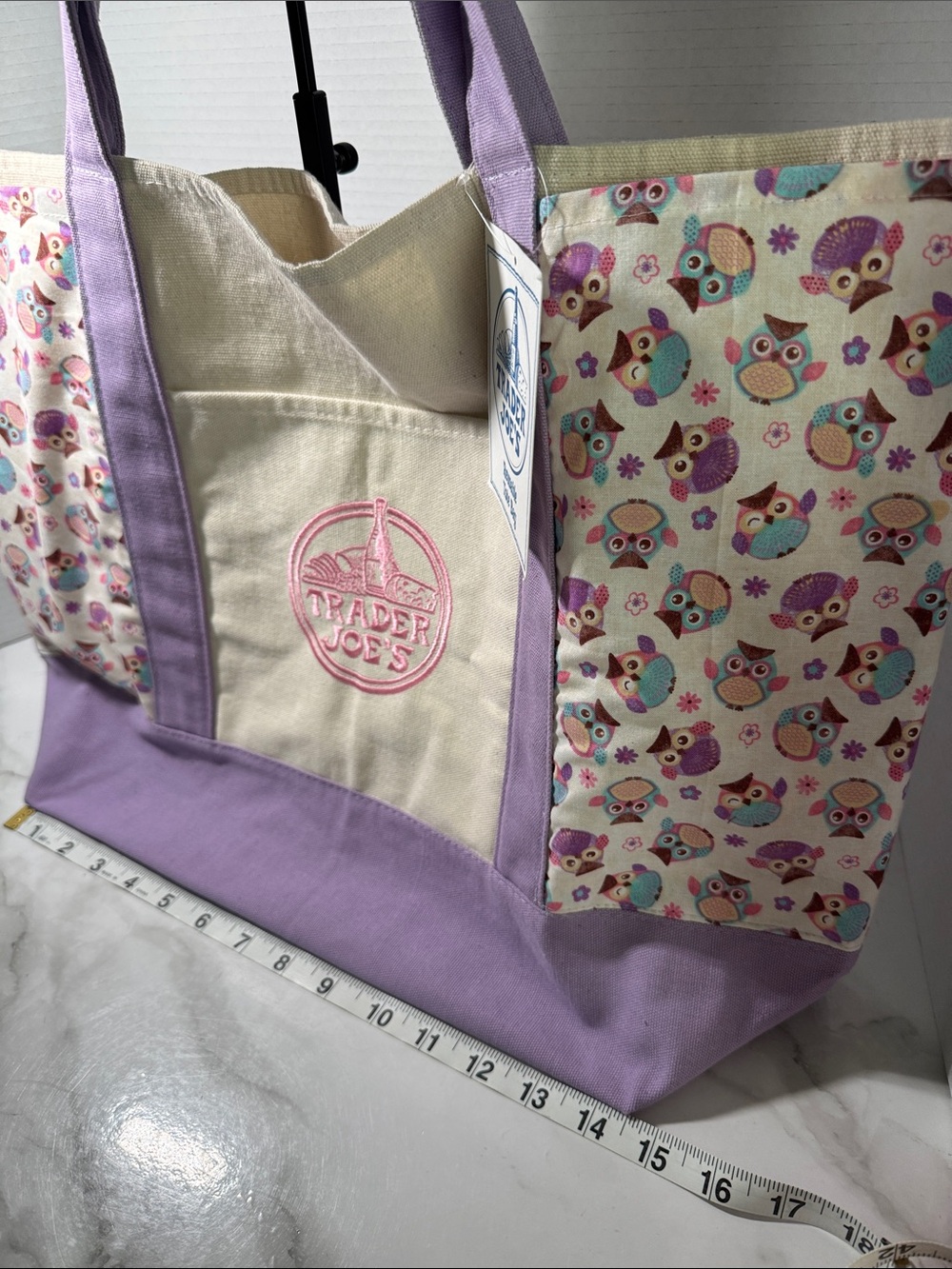 New Trader Joe’s Large Lavender Canvas Tote Bag with Custom Side Pockets - Picture 6 of 17